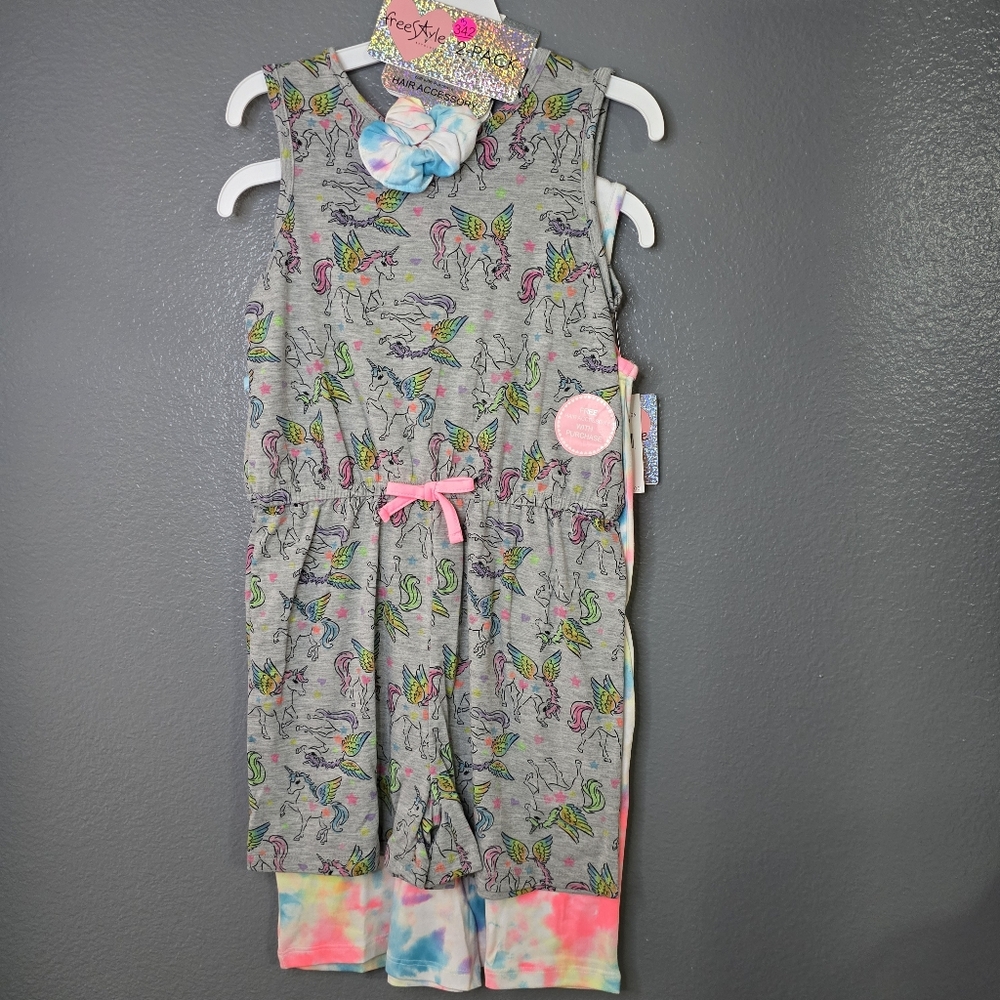 Freestyle Pink Tie-Dye And Unicorn Romper And Scrunchie. Size 10. Nwt
